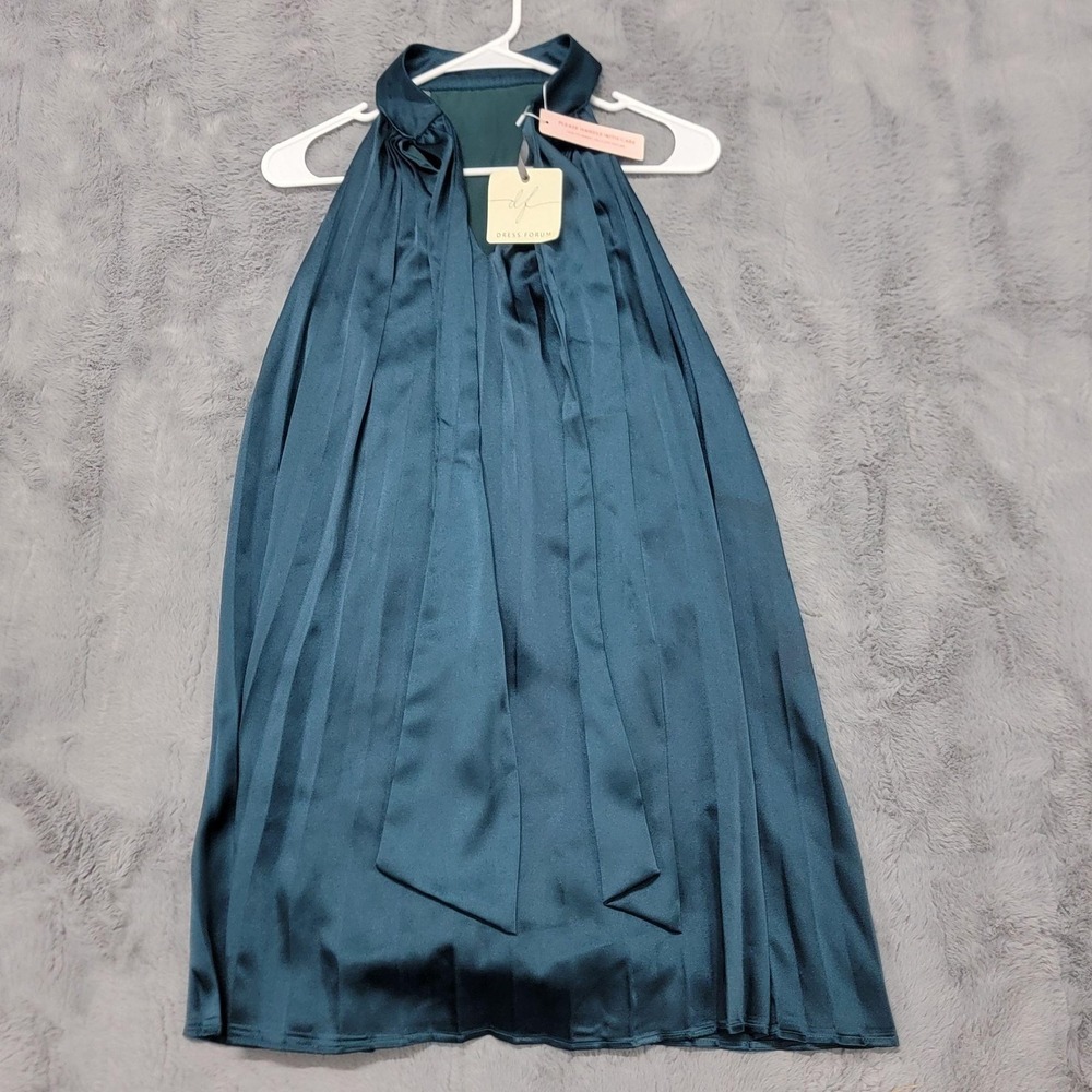 Dress Forum Dress Womens Small Teal Pleated Satin Erica Halter Shift Lined Party